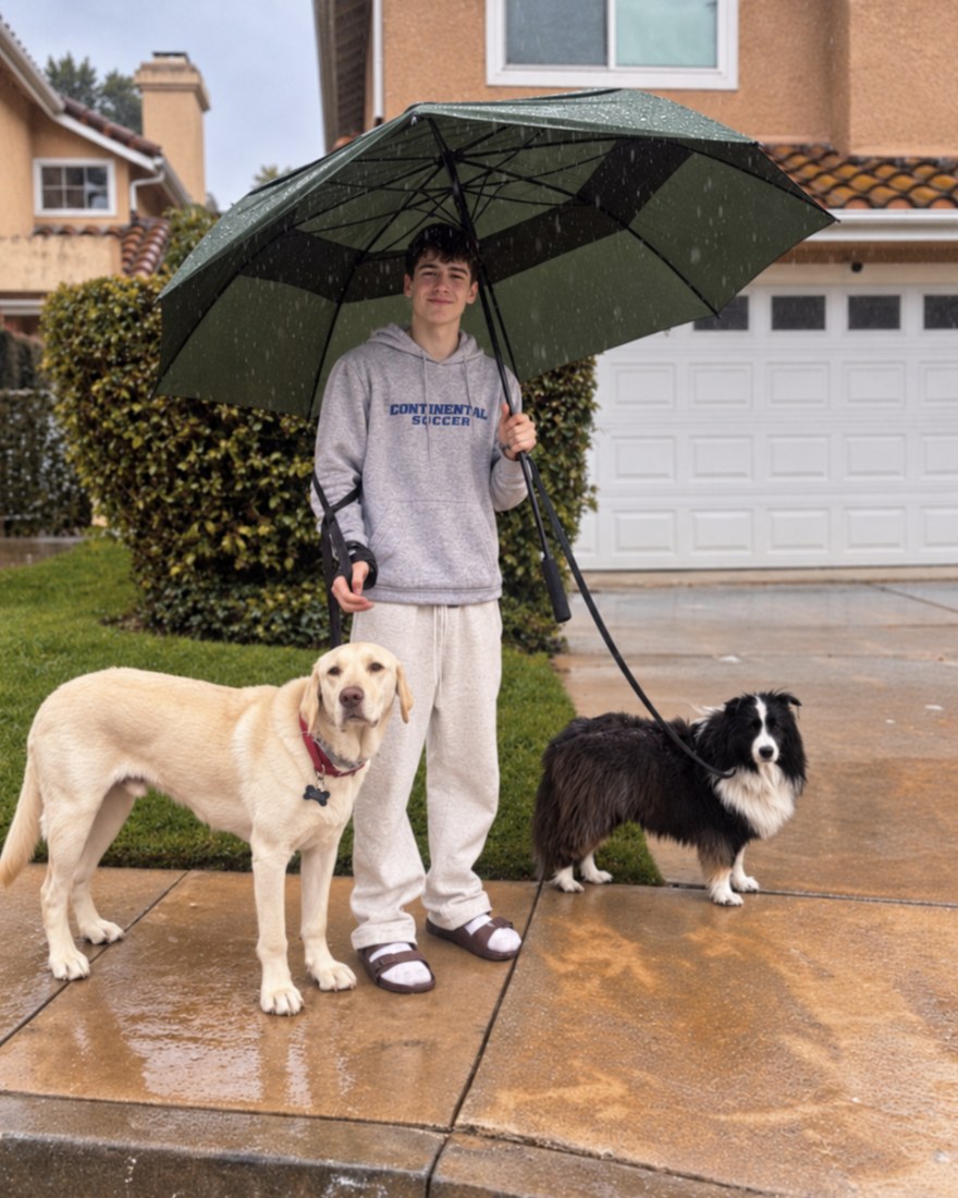 Me under an umbrella on a wet sidewalk with two of my clients' dogs
