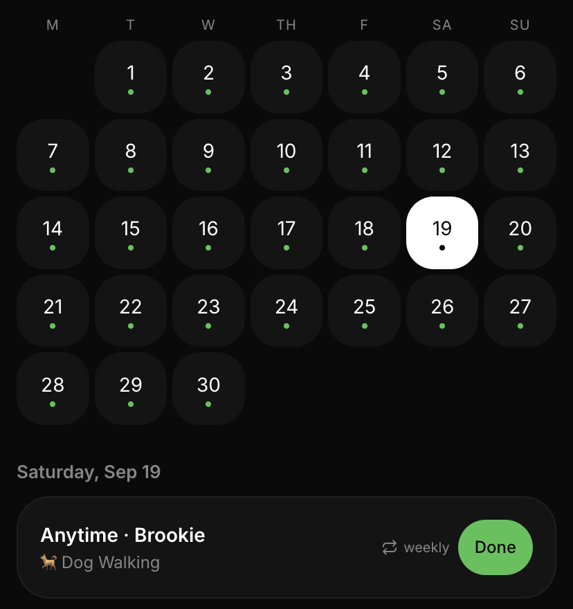 A month of September with a session on every day, and a Brookie walk marked as repeating weekly