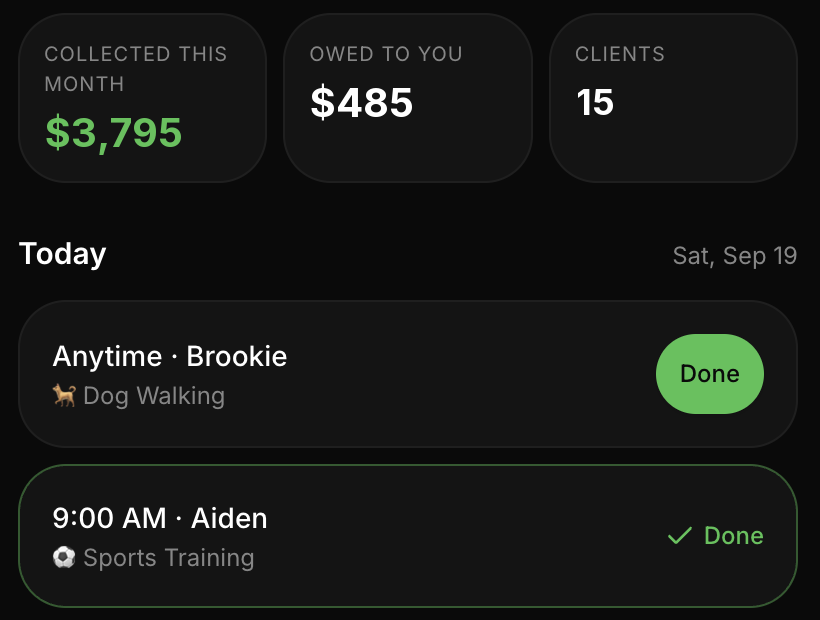 Today on the home screen: $725 collected this month, $280 owed, 15 clients, and two of today's sessions